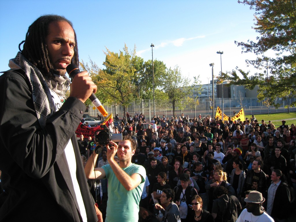 Will Prosper speaking to a rally and march on October 11, 2008 through Montreal Nord (Photo-BASICS Community News Service)